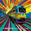 A pop art style train on the railroad