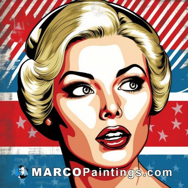 A pop art vintage image of blonde woman in front of an american flag
