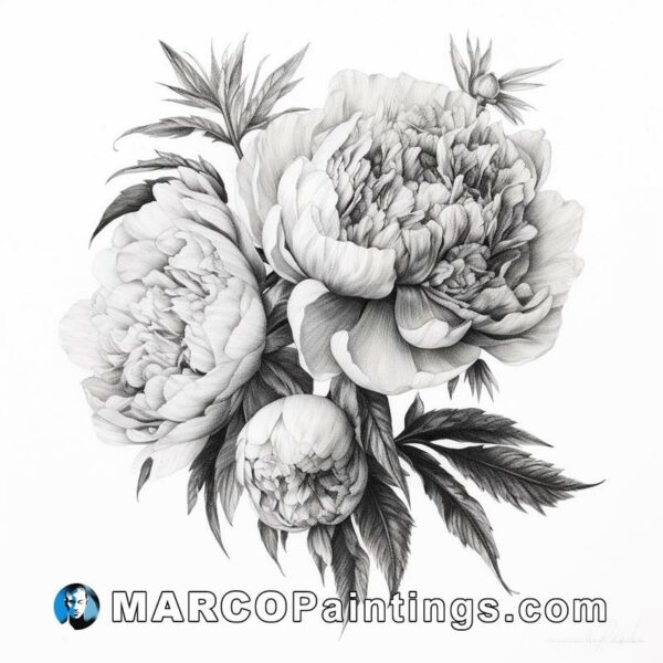 A portrait is sketched of three peonies in black and white