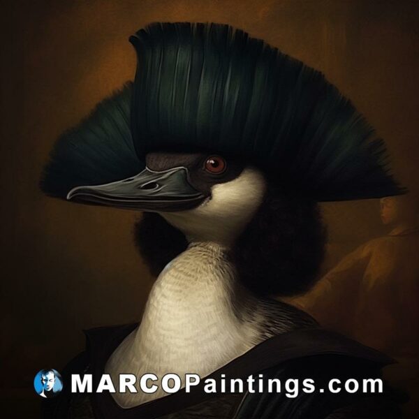 A portrait of a bird wearing a black hat with a green cap