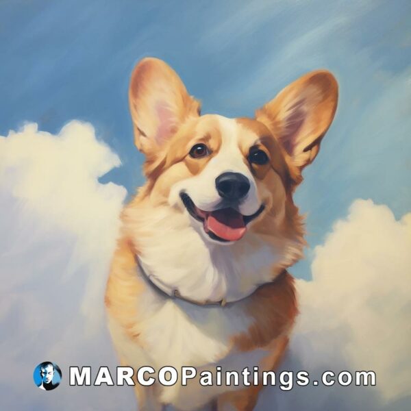 A portrait of a corgi standing in front of the cloud