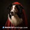 A portrait of a dog dressed up in a red cloak