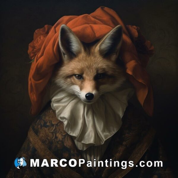 A portrait of a fox wearing an old outfit and red hat
