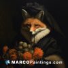 A portrait of a fox with flowers