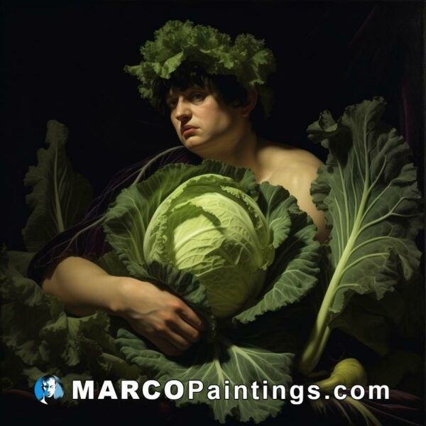 A portrait of a man holding cabbage with horns