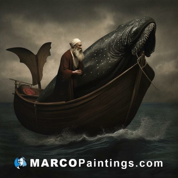 A portrait of a man in a boat with a whale on it