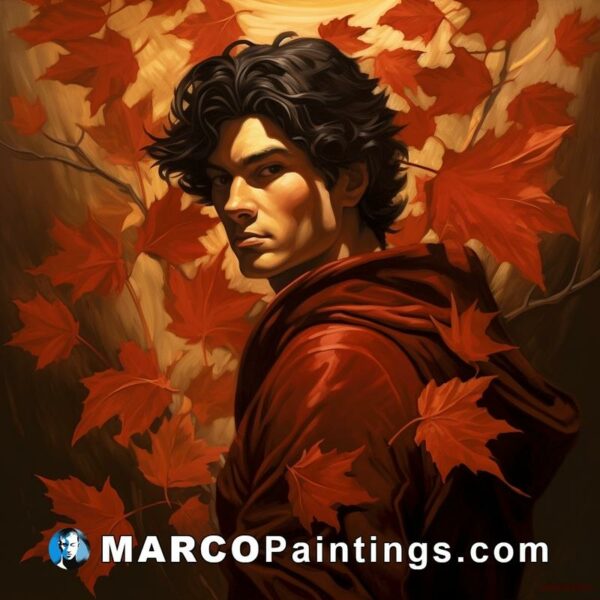 A portrait of a man with a hood and surrounded by red leaves