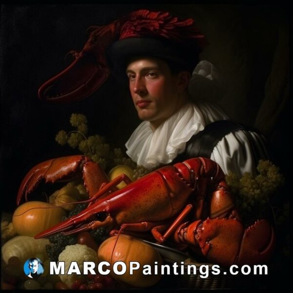 A portrait of a man with lobsters