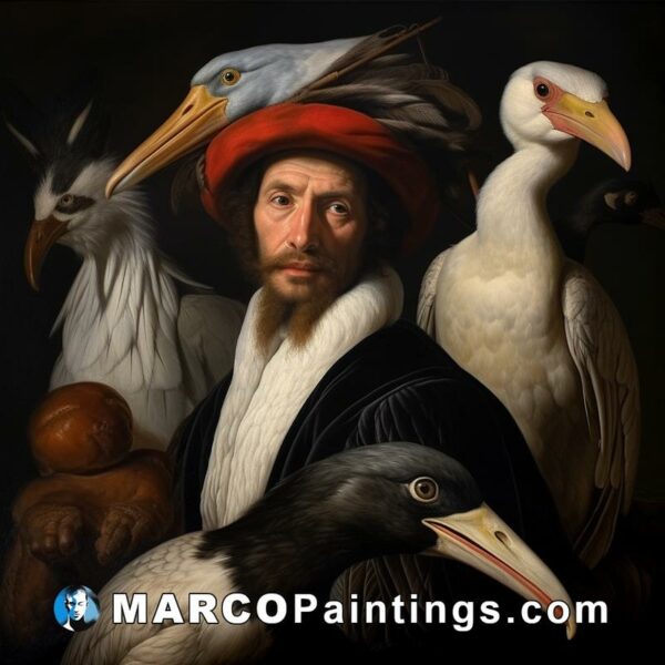 A portrait of a man with three dogs and birds