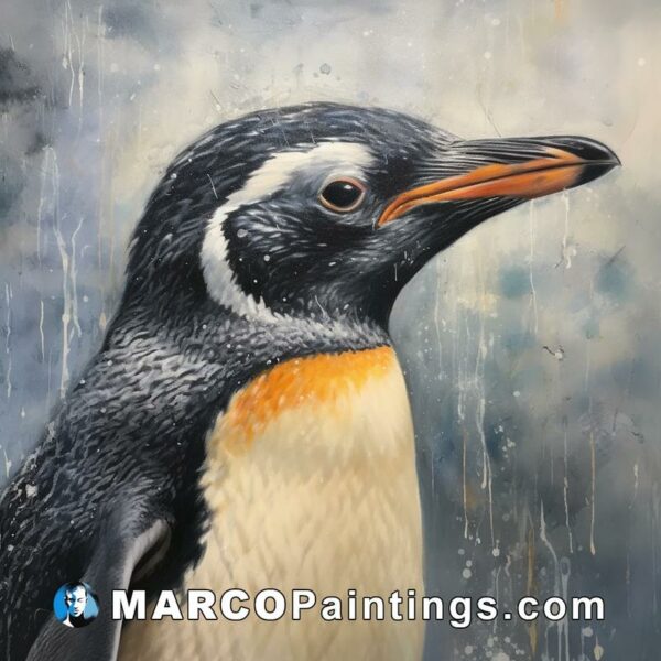 A portrait of a penguin with a blue and orange beak