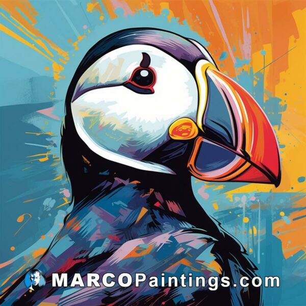 A portrait of a puffin in bright colors on a blue background