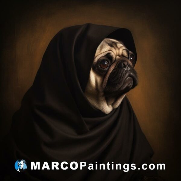 A portrait of a pug dog wearing a black scarf