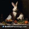 A portrait of a rabbit serving vegetables and fruits with a salad bowl