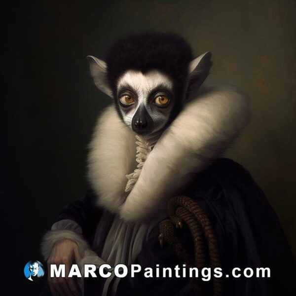 A portrait of an elderly girl wearing a dress in the costume of a lemur