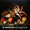 A portrait of an octopus with pears and apples on a table