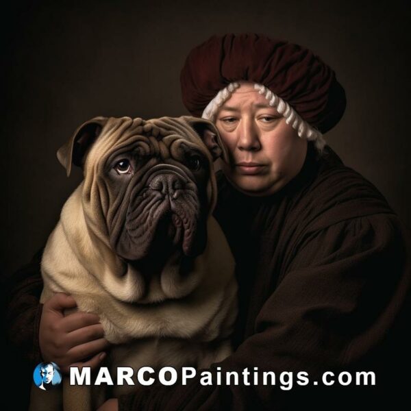 A portrait of an old man holding a dog