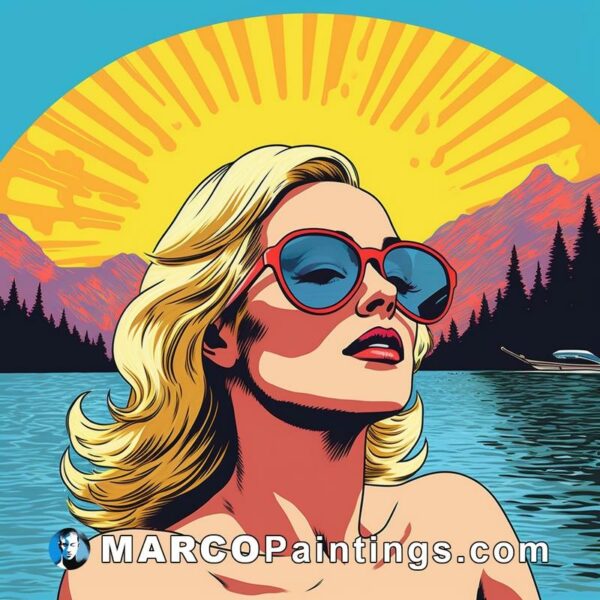 A poster of a woman wearing sunglasses while looking at the lake with a sunset