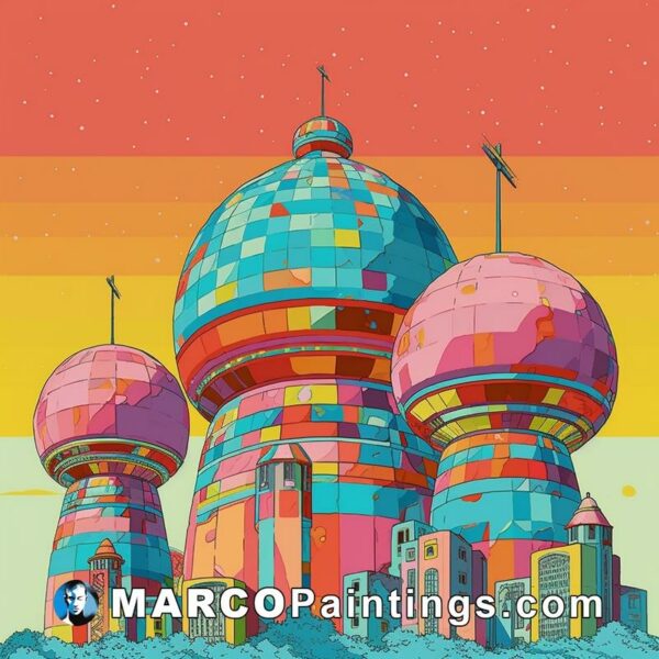 A poster with colorful domes and buildings