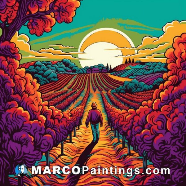 A poster with the image of a man walking through a vineyard as the sun sets