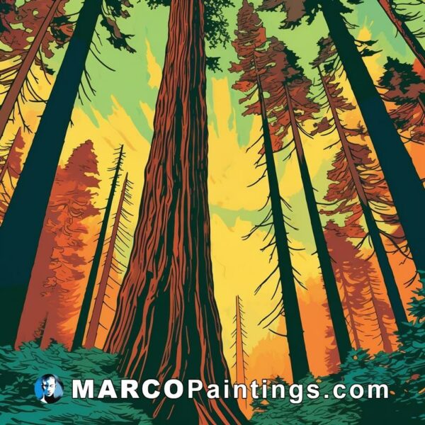 A poster with two large trees in the background