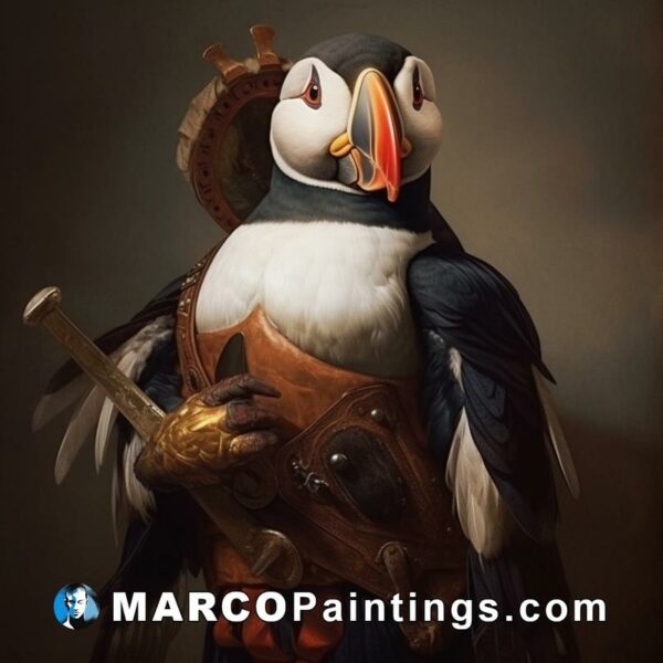 A puffin dressed in spanish armour is holding a sword
