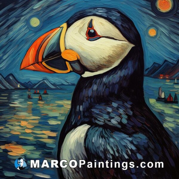 A puffin painting with the moon and stars behind it