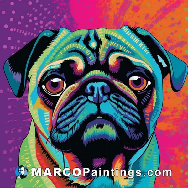 A pug dog face on colorful background