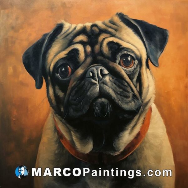 A pug painting with collar on orange background