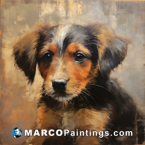 A puppy looking at the camera in an oil painting