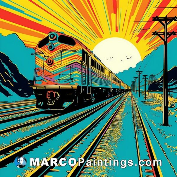 A railroad train is traveling down the track with sun behind it