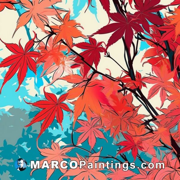 A red abstract design with leaves on its branch