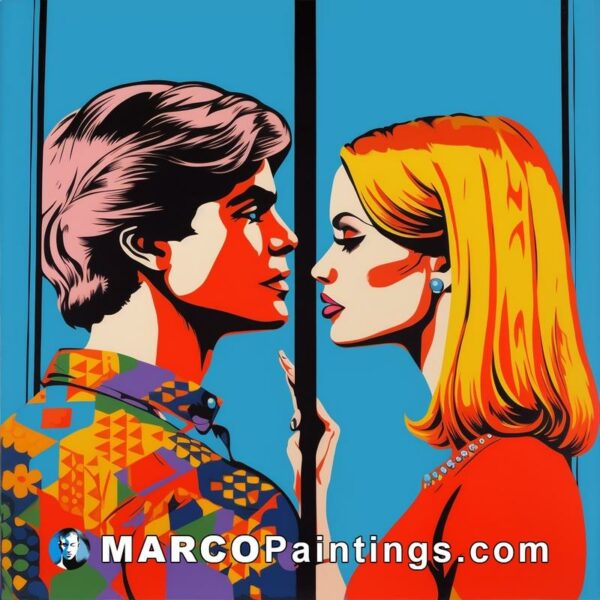 A red and blue graphic design with a man and woman standing next to one another