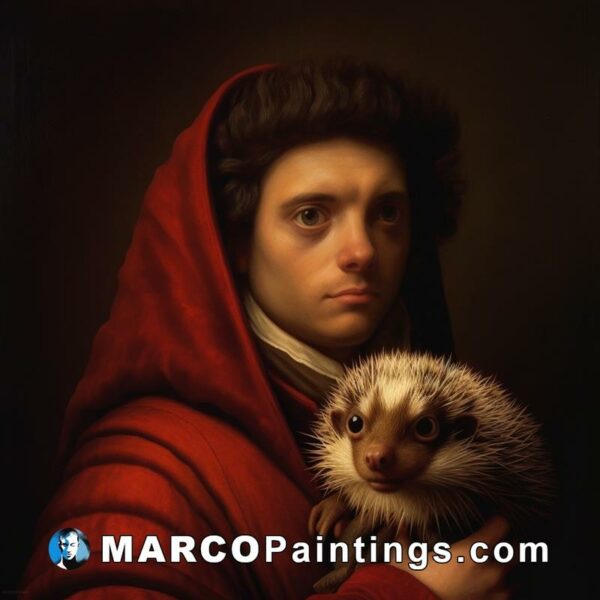 A red hooded man holding an hedgehog