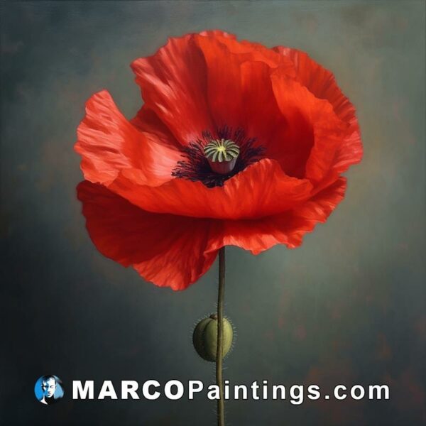 A red poppy is seen on a grey background