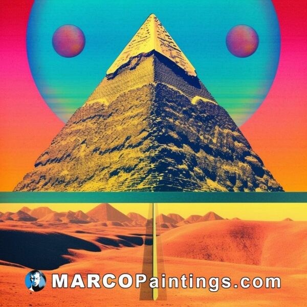 A red road and pyramid on a colorful background