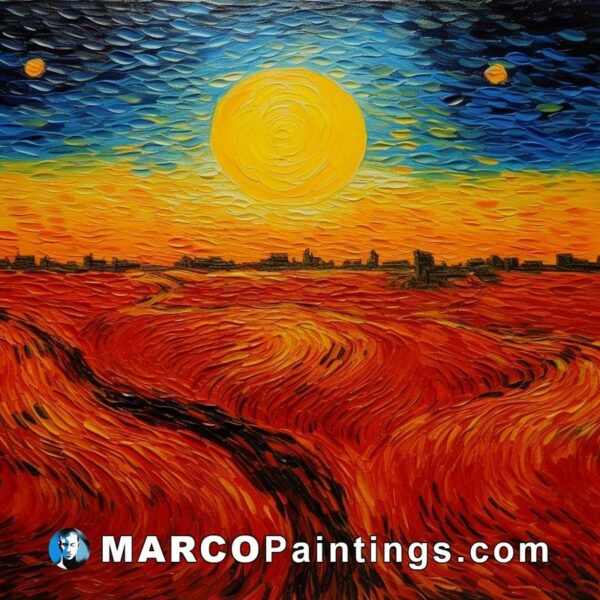 A red sunset painting of a large field with the moon on top