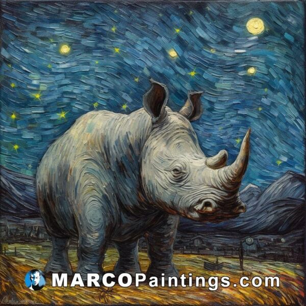 A rhinocero painted by van gogh with stars in the background
