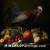 A rooster is standing next to a painting with lots of fruit