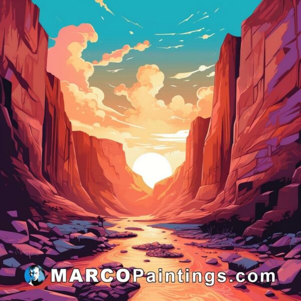 A scene of a canyon with a sunset