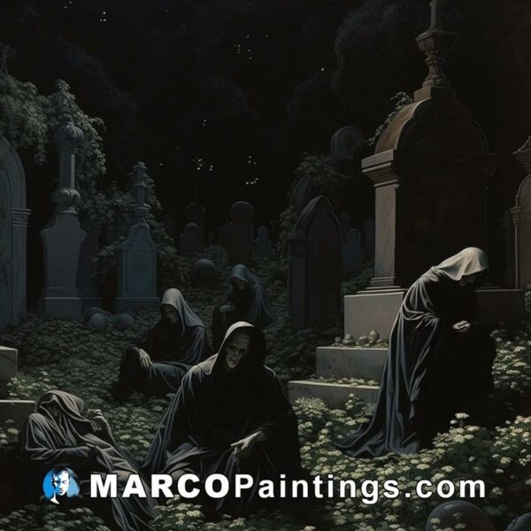 A scene of ghostly folks sitting amid stones in a cemetery