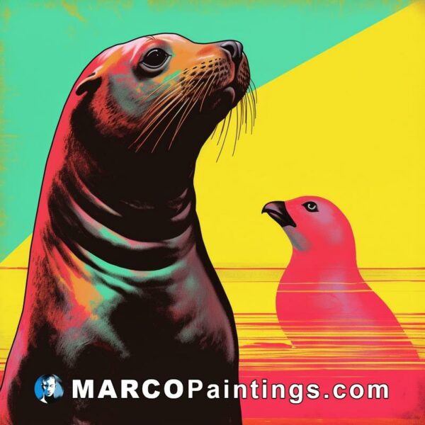 A sea lion and a pink bird in a colorful