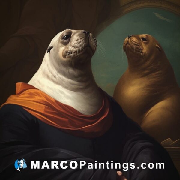 A seal sitting in a room with a portrait around