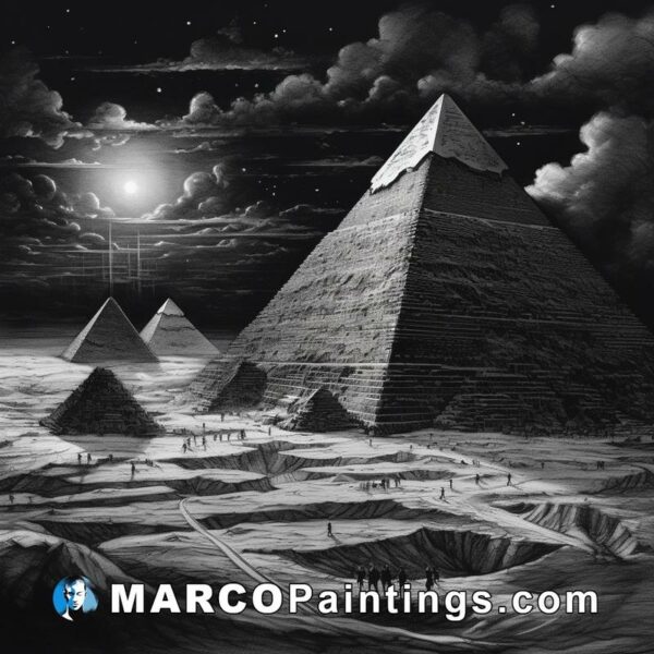 A series of egyptian pyramids are shown in a black and white print