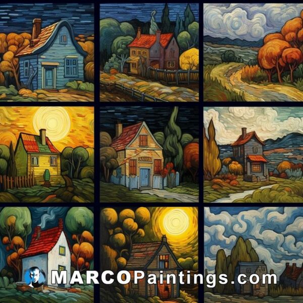 A set of paintings with different kinds of houses