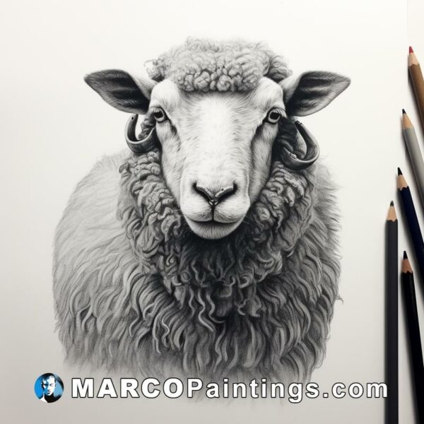 A sheep head drawing with black and white pencils