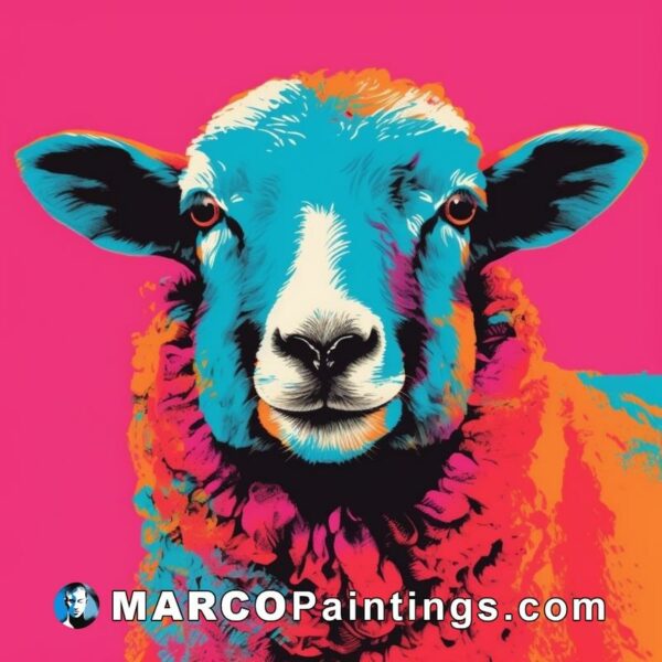 A sheep in bright colors behind a colorful background