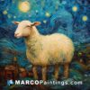A sheep in front of the starry night surrounded by a town