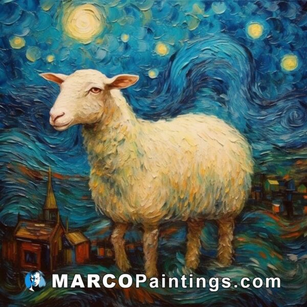 A sheep in front of the starry night surrounded by a town
