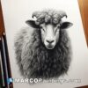 A sheep is drawn in pencil with black markers