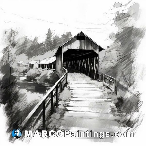A sketch of a covered bridge in black and white